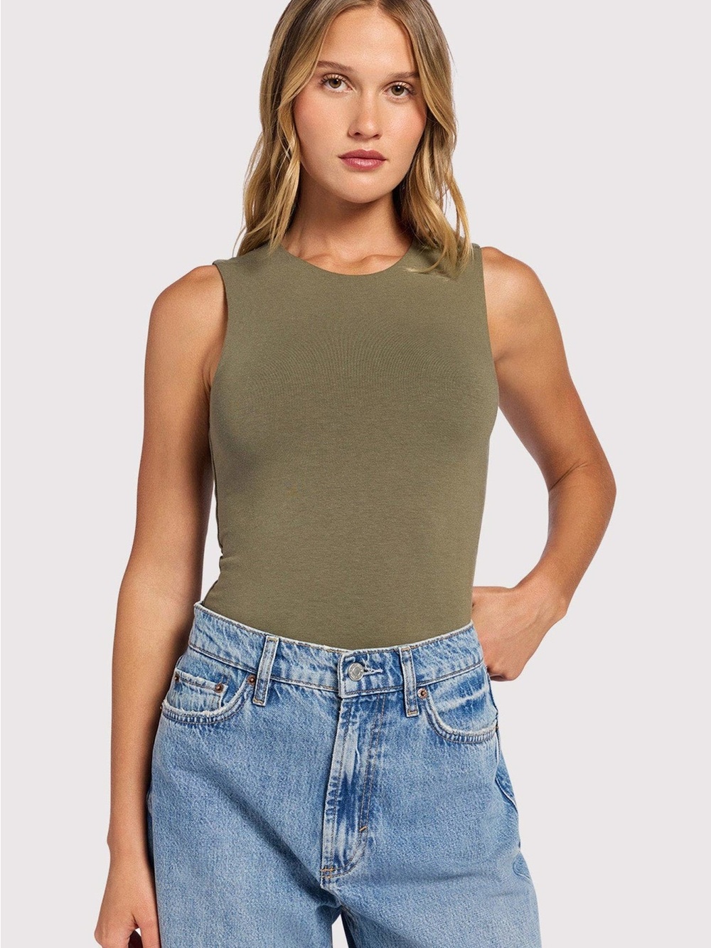 Nuuds Classic Crewneck Tank Bodysuit In Olive- Size M